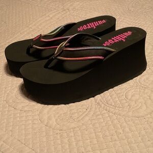 PunkRose Black Platform Wedge Flip Flop Thong Sandals With Multicolor Straps